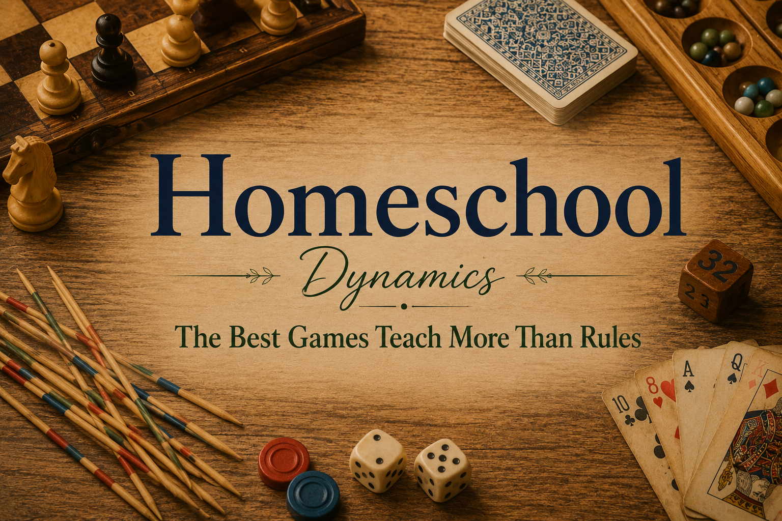 Vintage tabletop featuring classic family games, including chess, pick-up sticks, marbles, dice, and playing cards, surrounding the Homeschool Dynamics title "The Best Games Teach More Than Rules." The image symbolizes learning through meaningful play and family game nights.